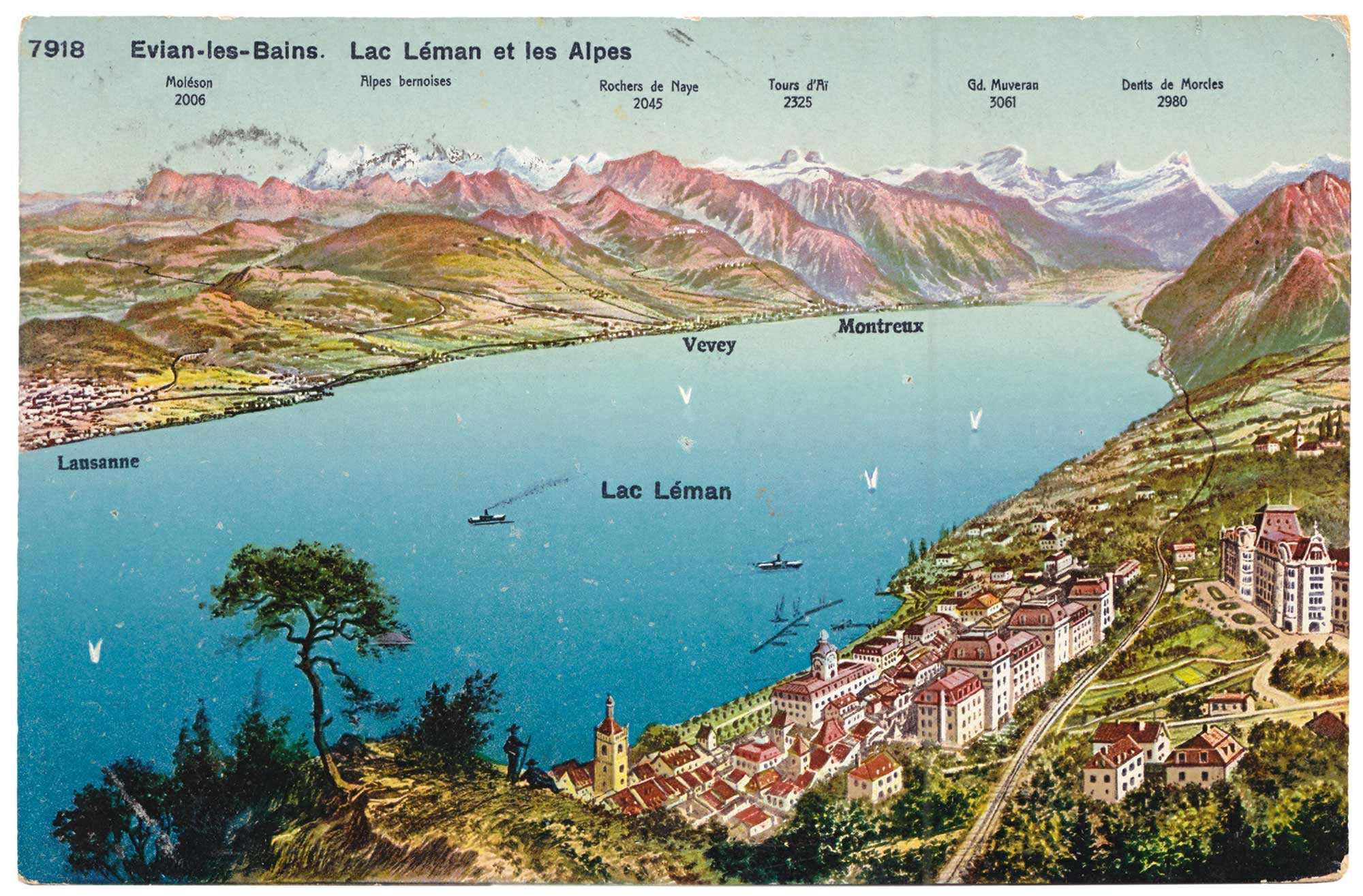 Vintage illustrated map of Évian-les-Bains, Lac Léman and the Alps